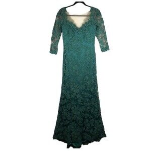Tadashi Shoji Emerald Green Tometi Embroidered Lace Gown Maxi Dress 2